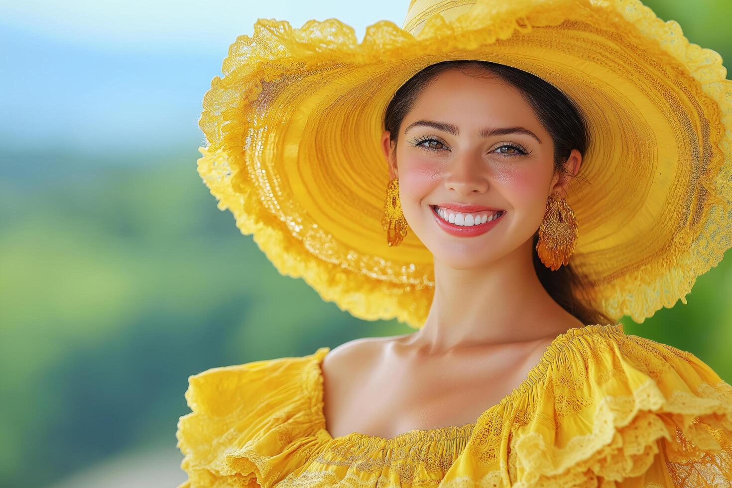 Beautiful Woman in Yellow Sun Hat and Dress Smiling Outdoors photo