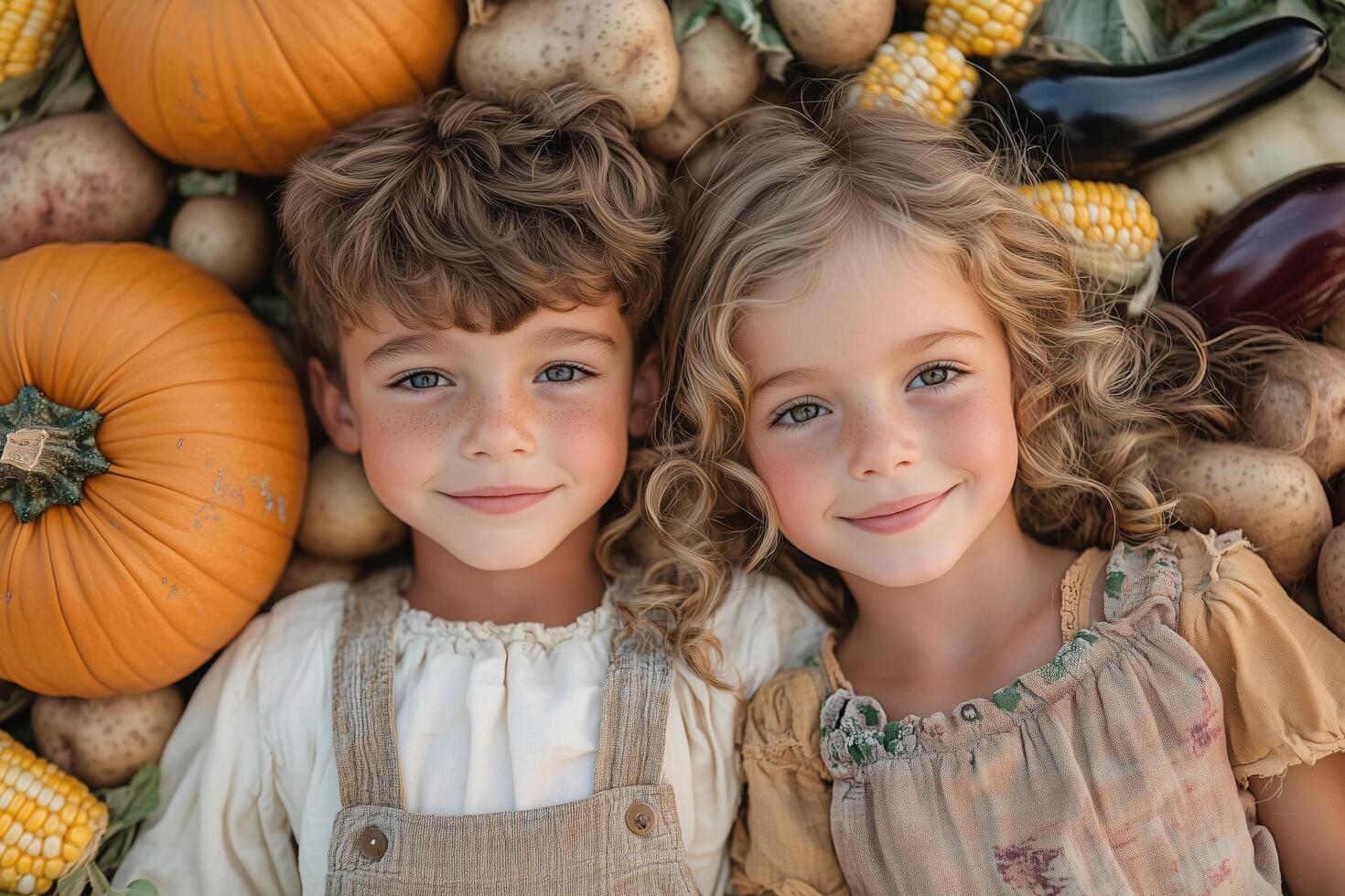 Happy Children Smiling Among Pumpkins Corn and Potatoes photo