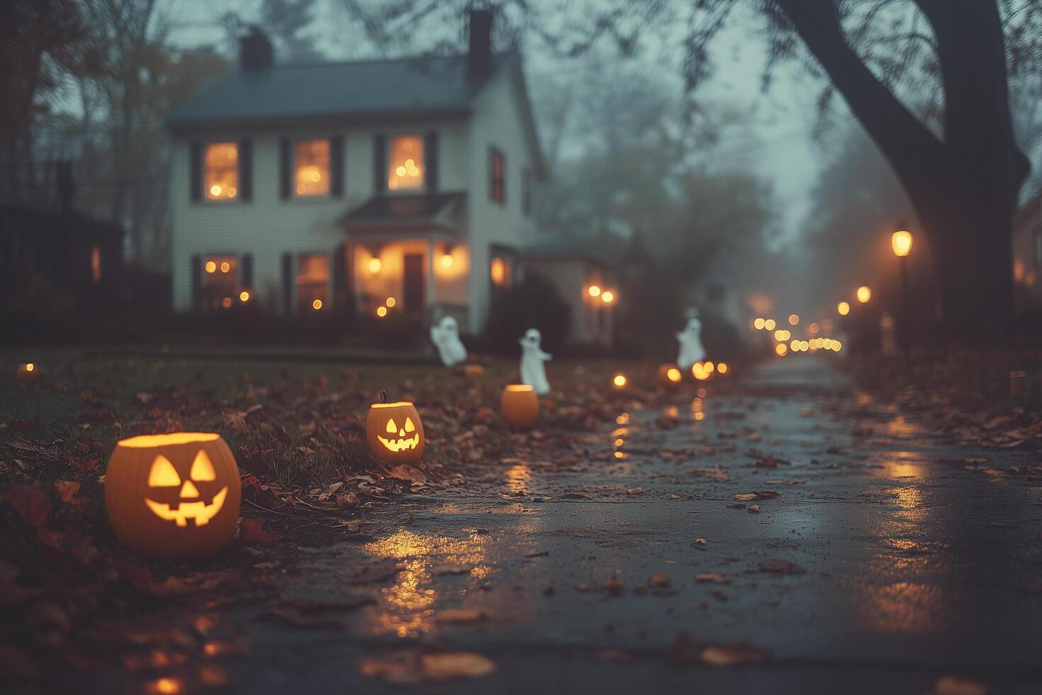 Enchanting Halloween Night Jack o lanterns and Ghosts on a Misty Suburban Street photo