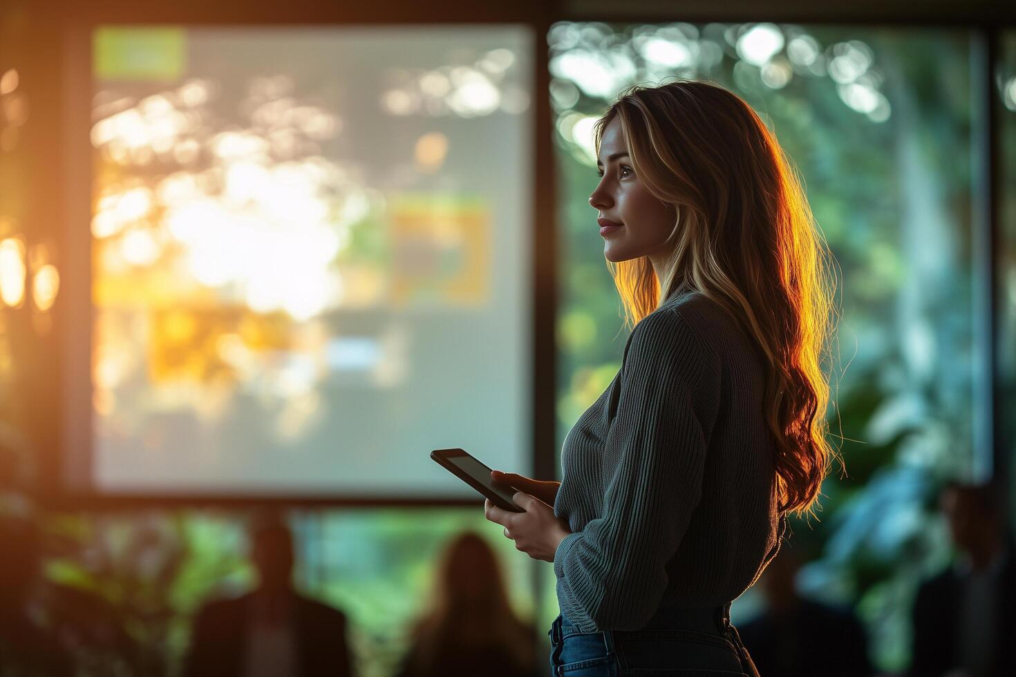 Confident manager standing before colleagues, delivering a compelling presentation with clarity photo