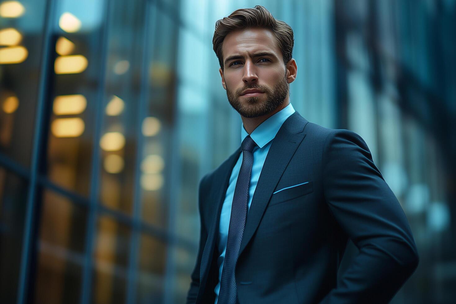 Confident career-oriented professional standing amidst skyscrapers in business district, ambition photo