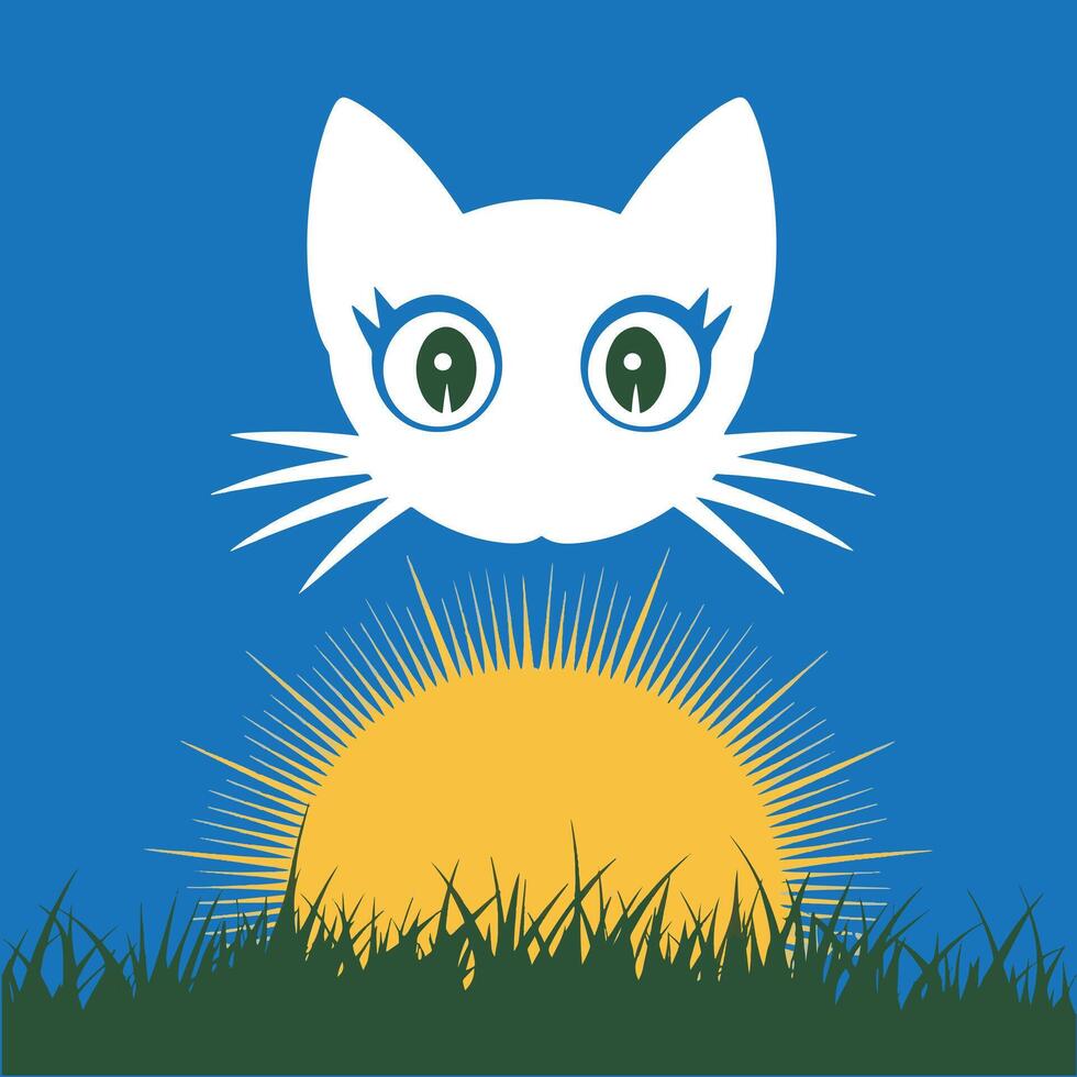Cute Cat Face with Sunrise and Grass Background Illustration vector