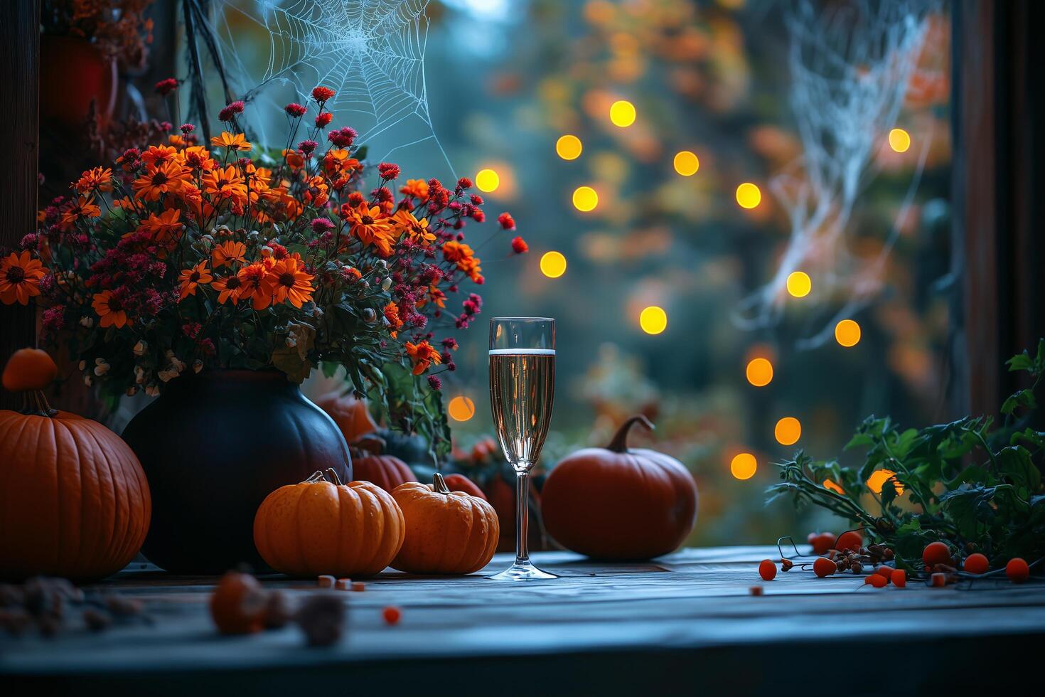 Autumnal Still Life Pumpkins Flowers Champagne Festive Fall Decor photo