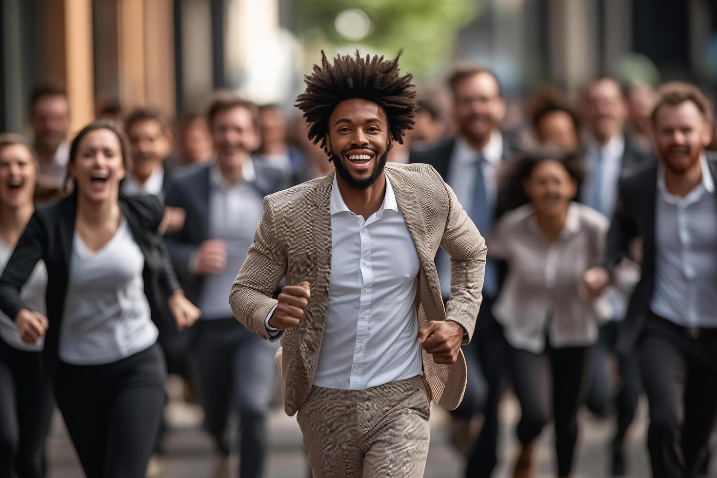 Determined Black businessman in suit sprinting towards goal, outpacing colleagues racing behind in corporate competition photo