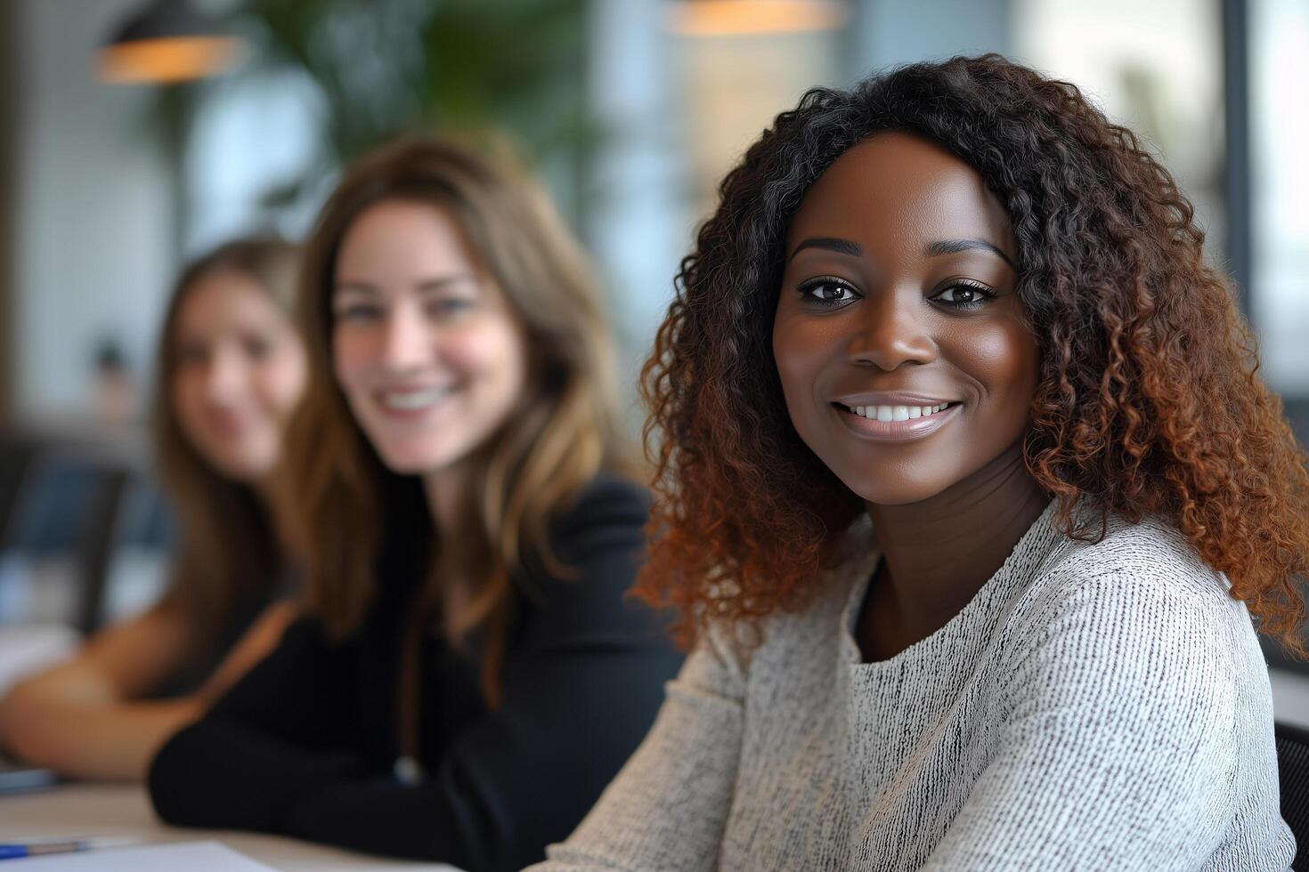 Diverse group of three women from different races collaborating in female workplace, unity teamwork photo