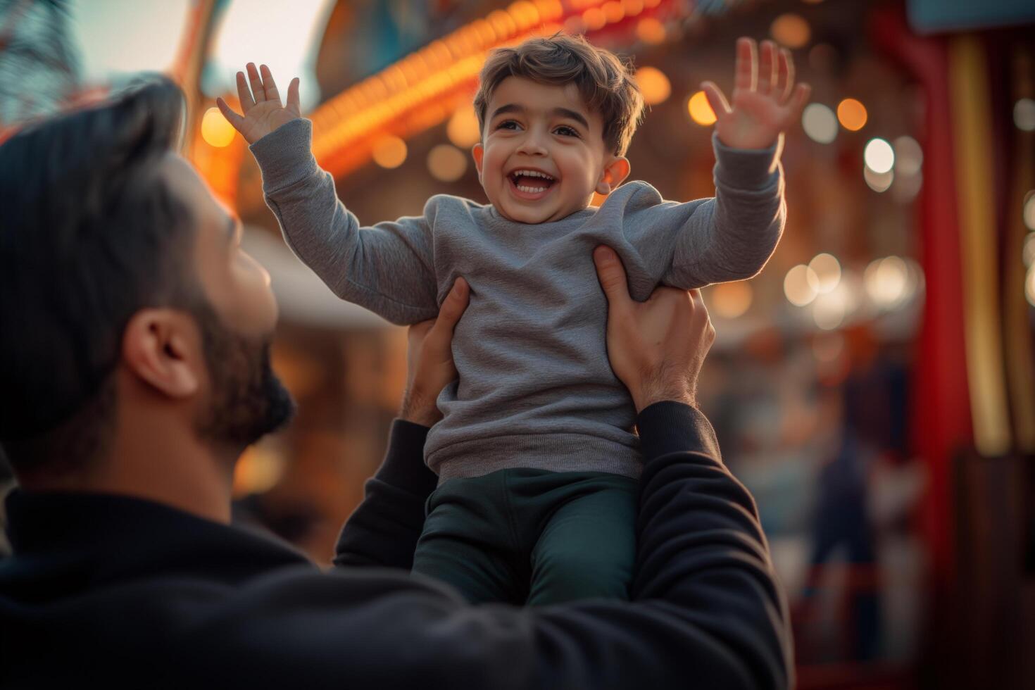 Happy toddler boy being lifted by his father at an amusement park joyful family moment photo