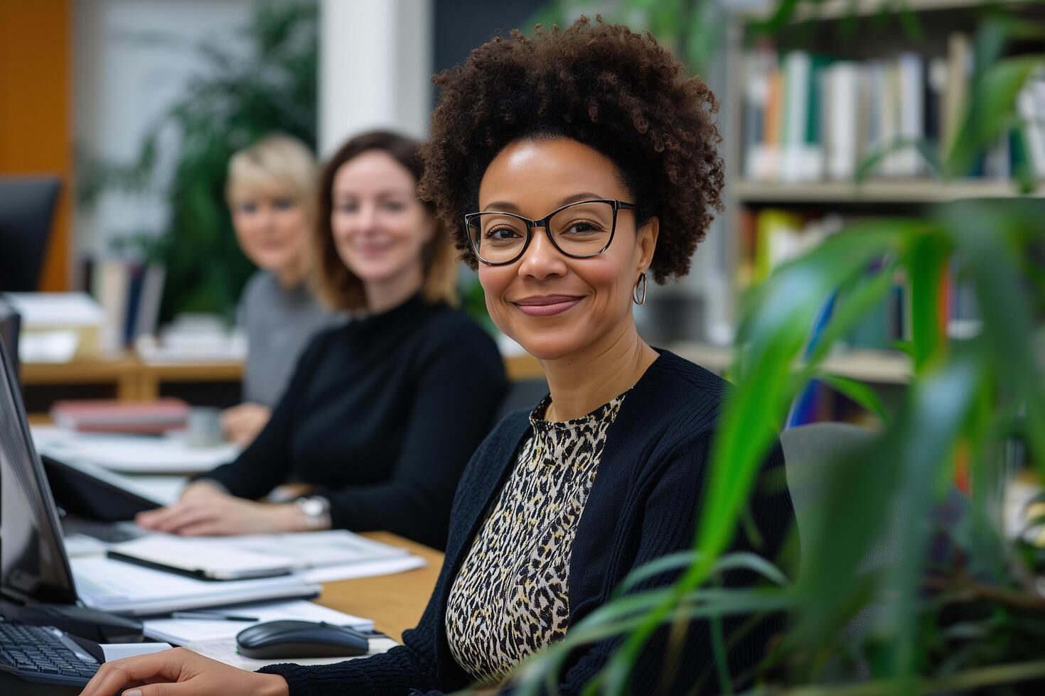 Diverse group of women from different races collaborating in female workplace, celebrating unity and teamwork photo