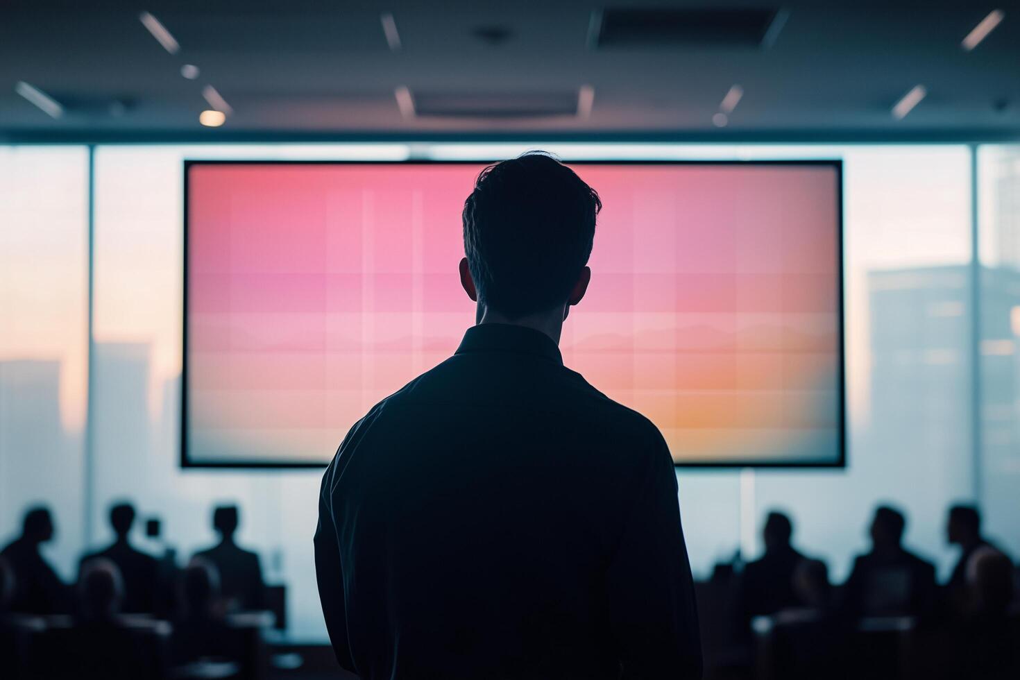 Engaging speaker presenting innovative ideas at a professional conference, inspiring colleagues with insightful discussion and effective communication skills, fostering collaboration and networking photo