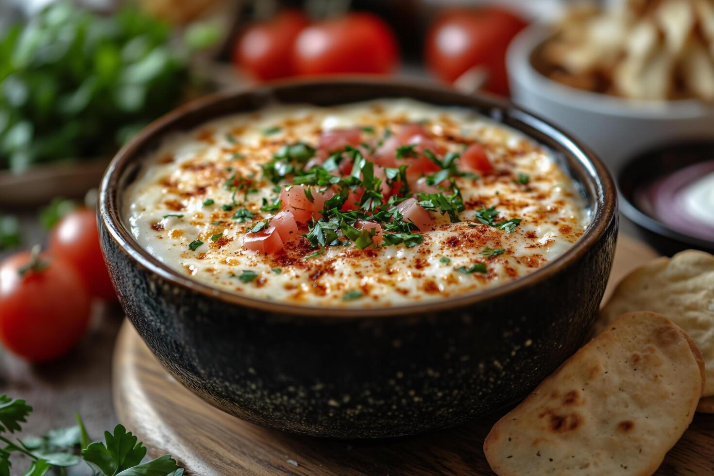 Creamy Appetizer Dip with Chopped Tomatoes Parsley and Spices in a Bowl photo