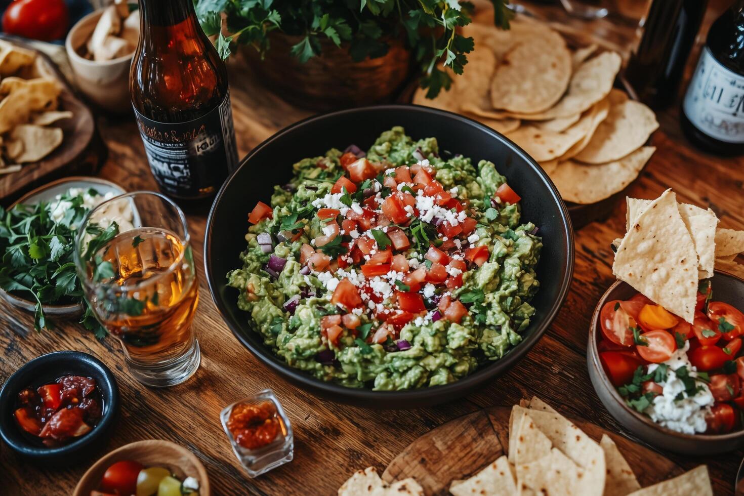 Delicious Guacamole Dip with Tomatoes Onions and Feta Served with Tortilla Chips photo