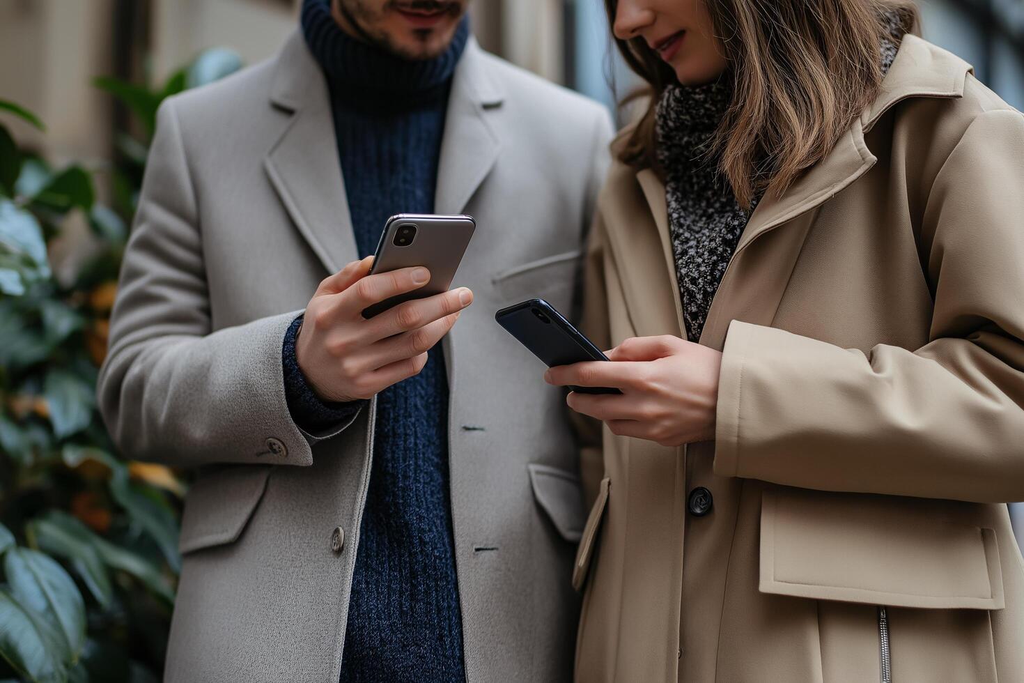 Man and woman in outerwear exchanging phones outdoors, showcasing connection and collaboration in a casual setting photo