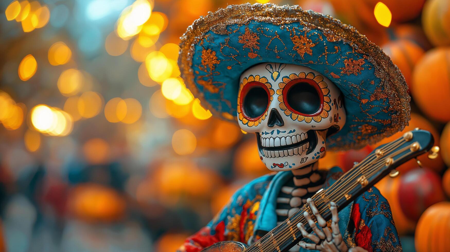 Festive Day of the Dead Skeleton Musician Playing Guitar with Colorful Sombrero and Bokeh Lights photo