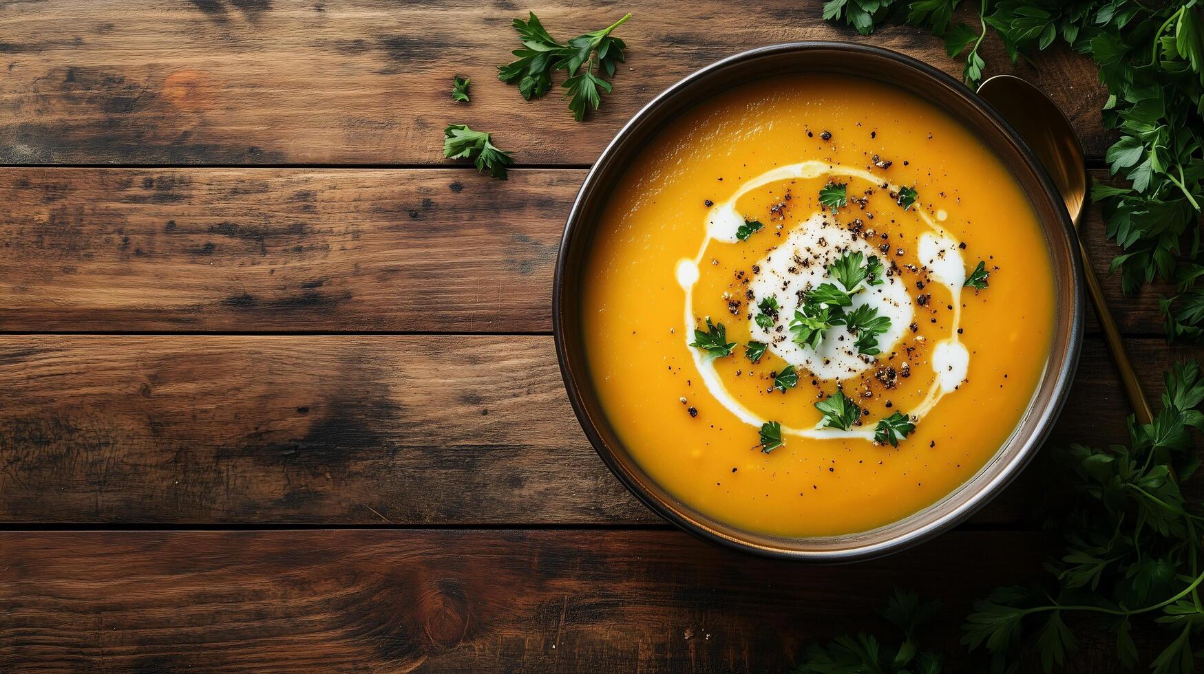 Delicious Creamy Pumpkin Soup Autumnal Food Photography Top View photo