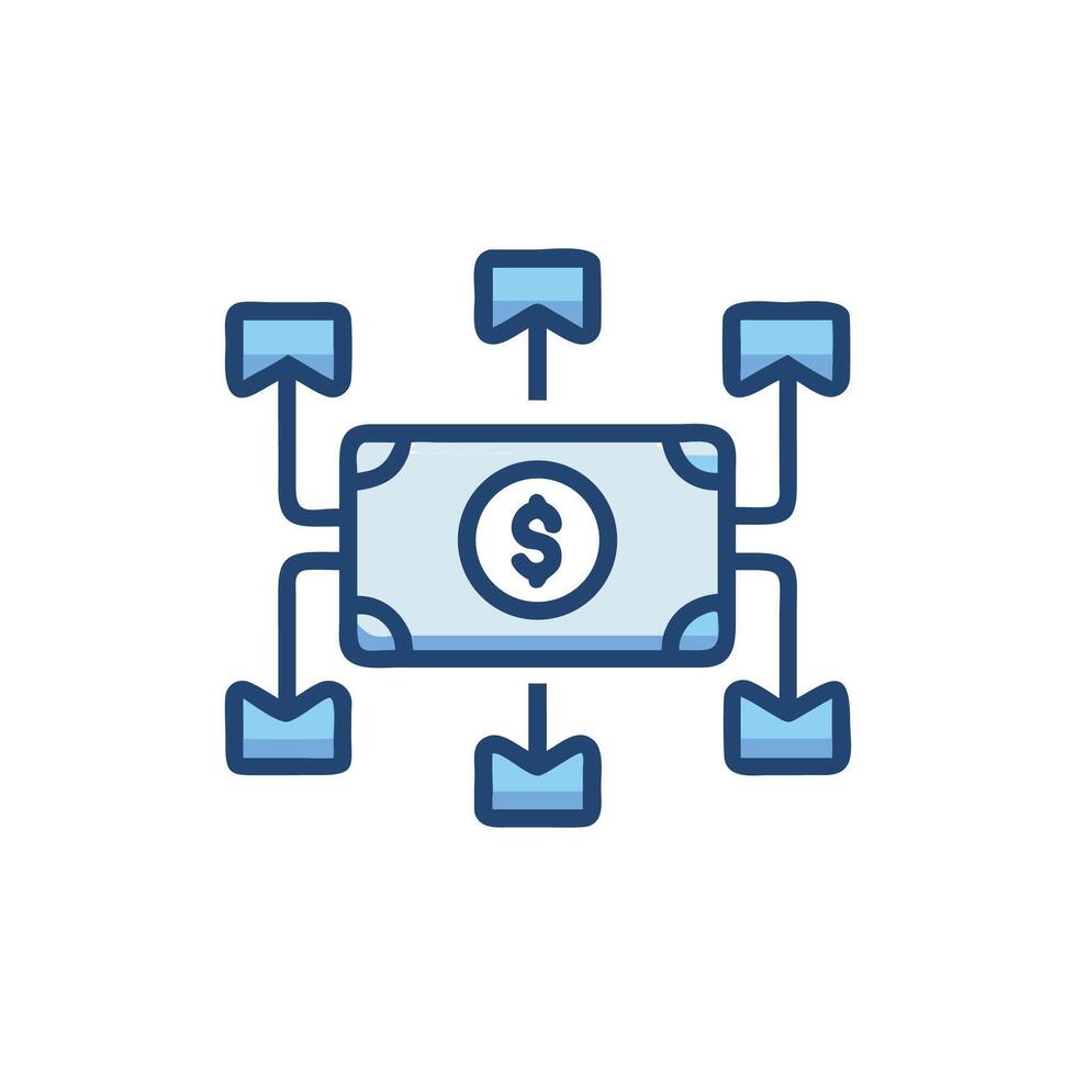 Money distribution network icon, financial streams, light blue vector