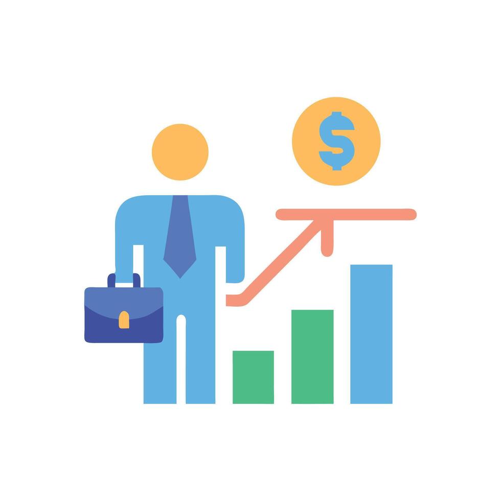 Businessman increasing profits with financial chart, dollar coin vector