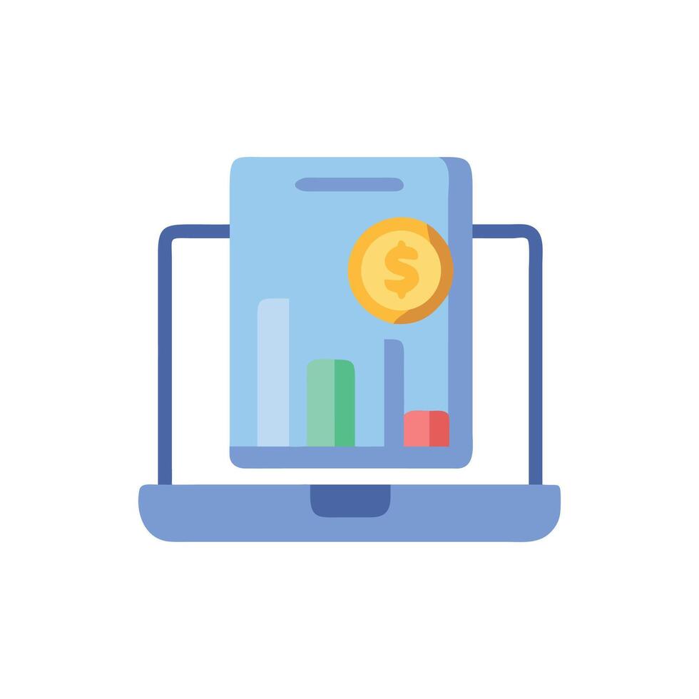 Laptop showing financial analysis with bar chart and money vector