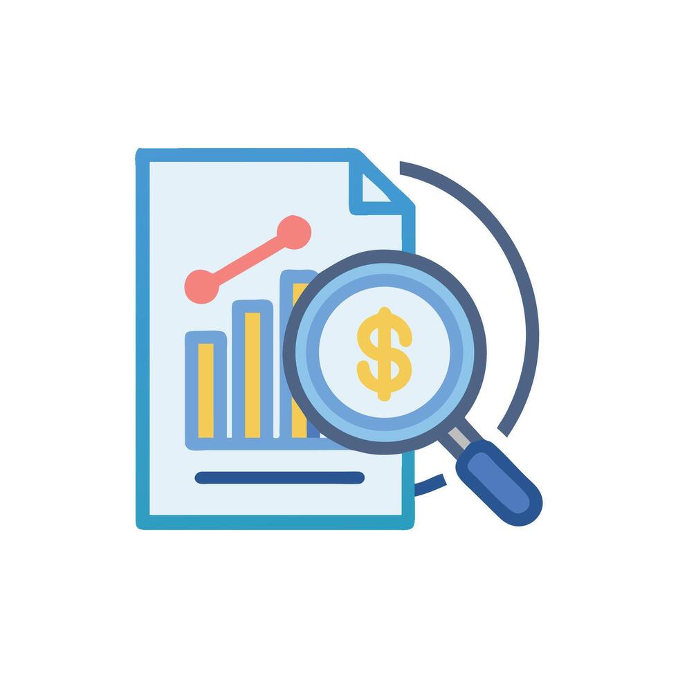 Financial analysis icon with magnifying glass and graph vector