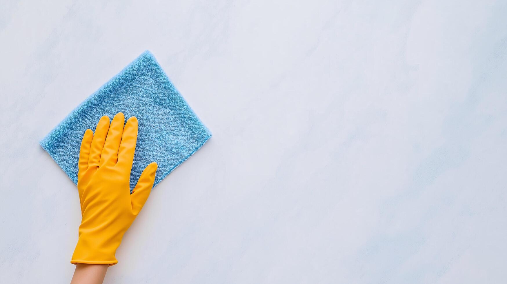 Flat Lay Top View of Hand in Yellow Rubber Gloves Wiping White Marble Countertop with Blue Microfiber Cloth for Thorough Cleaning photo