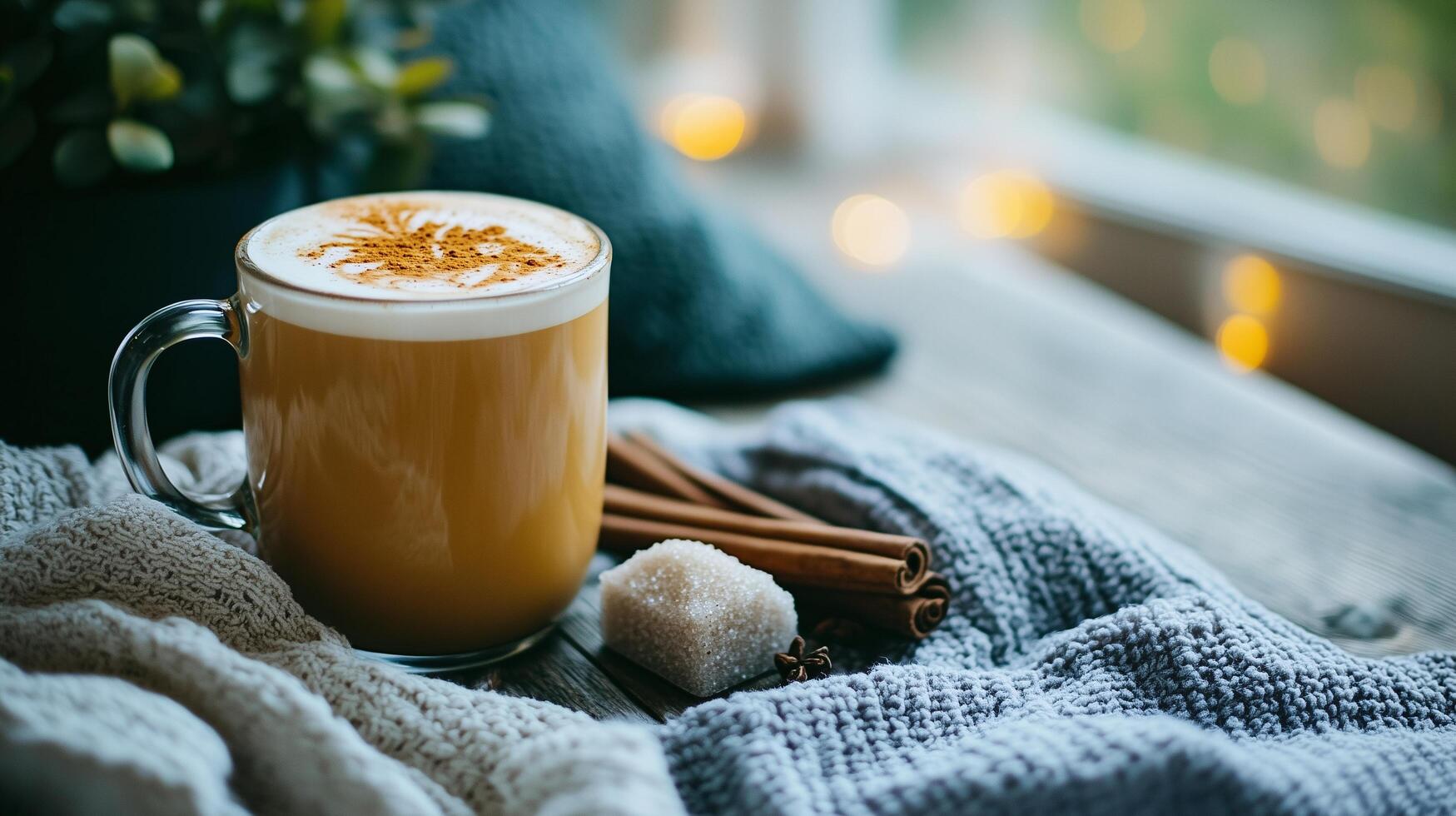 Warm Cozy Autumn Latte Coffee Drink with Cinnamon and Sugar Cubes on Knit Blanket photo
