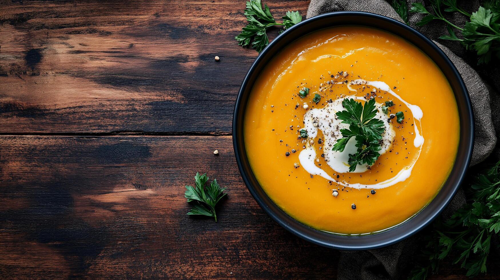 Delicious Creamy Pumpkin Soup in Black Bowl Autumn Food Photography photo