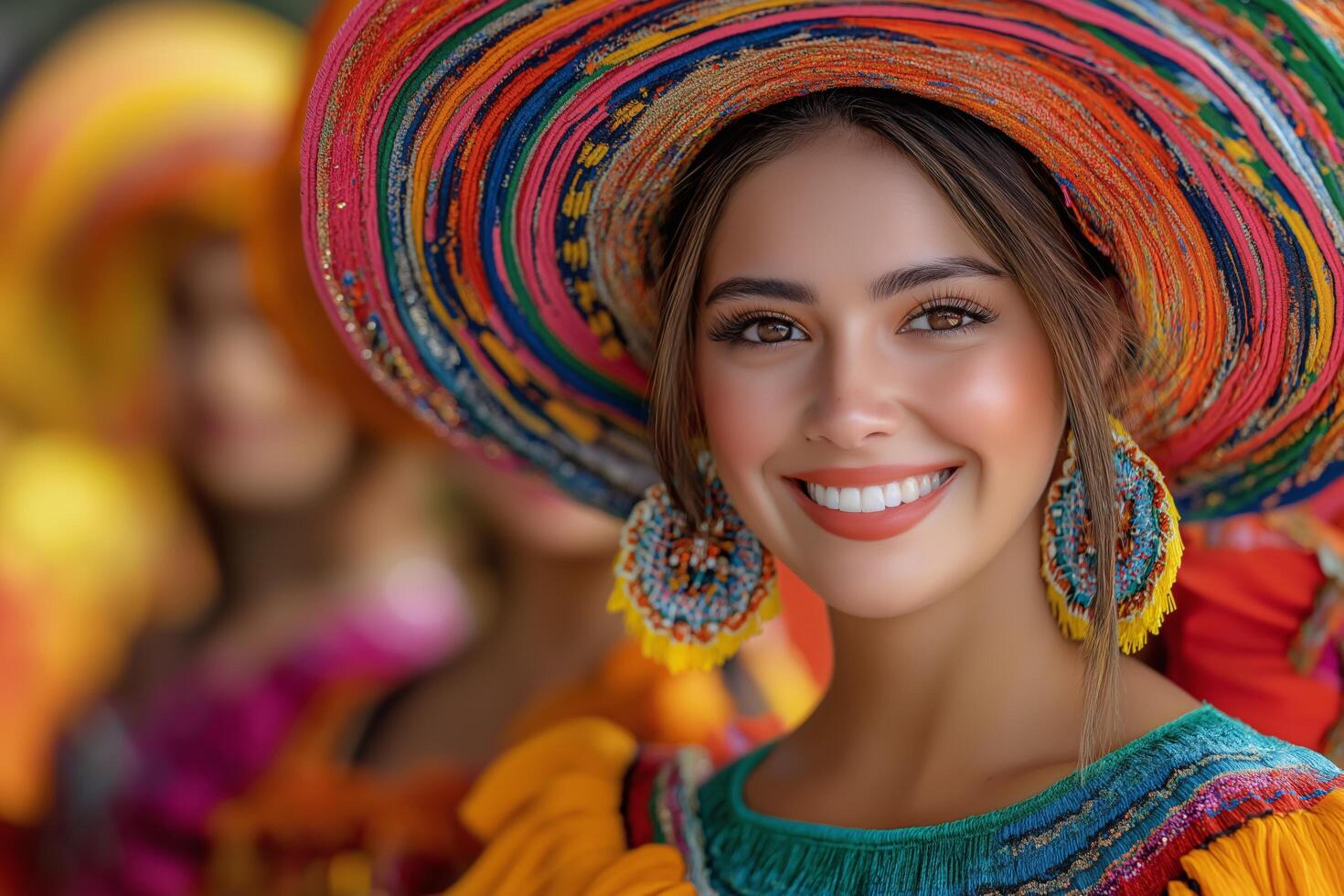 Stunning Hispanic Woman in Vibrant Traditional Sombrero and Dress photo
