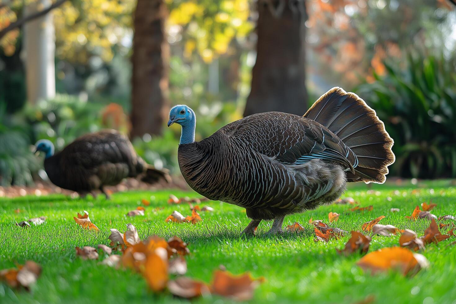 Wild Turkey Bird Walking in Grass with Fall Leaves and Trees in Background photo
