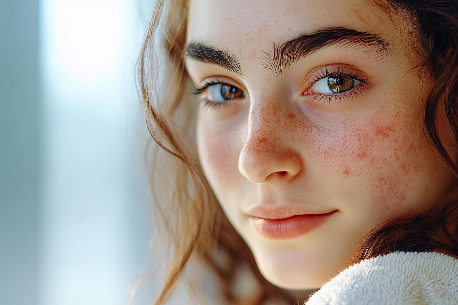 Close-up of a teenage girl with troubled skin and a sad expression, highlighting the challenges of adolescence and the importance of self-acceptance photo