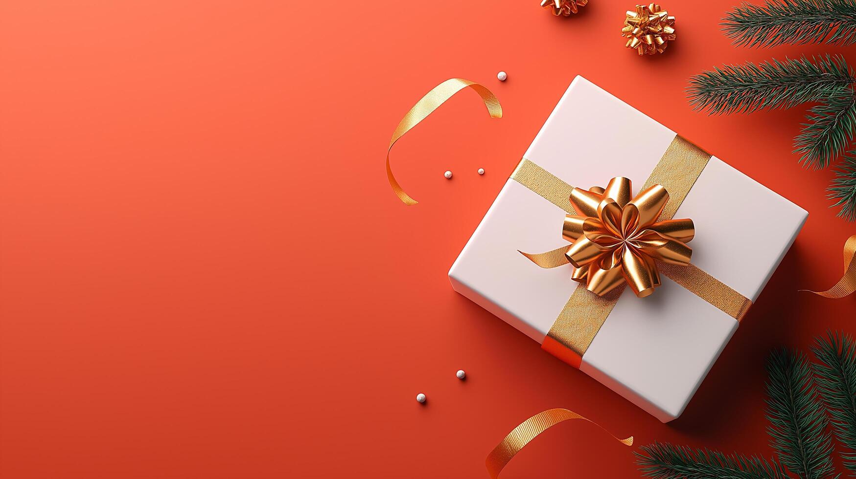 Poster featuring a beautifully wrapped gift with gold ribbons and white packaging on a red background, providing space for text and creating a festive flat lay for a cheerful Christmas theme photo