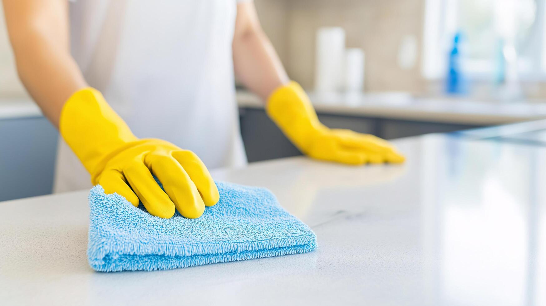 Person yellow gloves cleaning kitchen counter with blue microfiber cloth photo