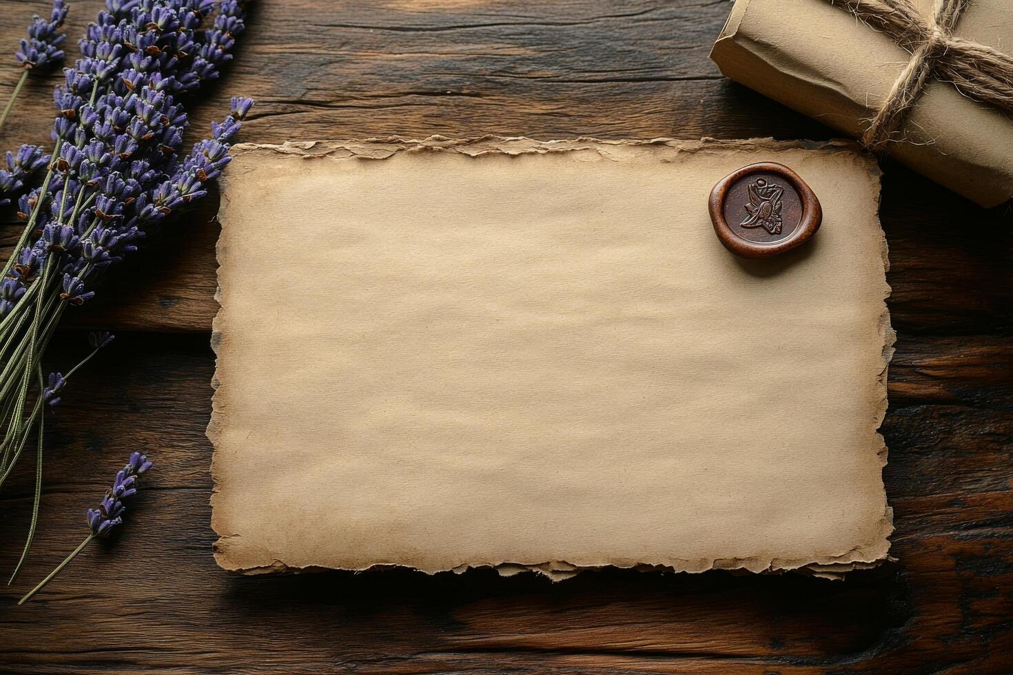 Lavender and herbs arranged on rustic parchment with wax seal on weathered wooden table photo