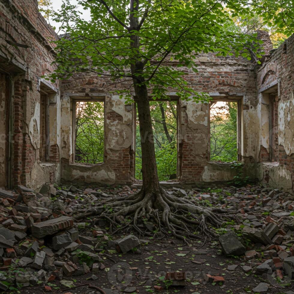 A tree growing in a ruined building with a few windows photo