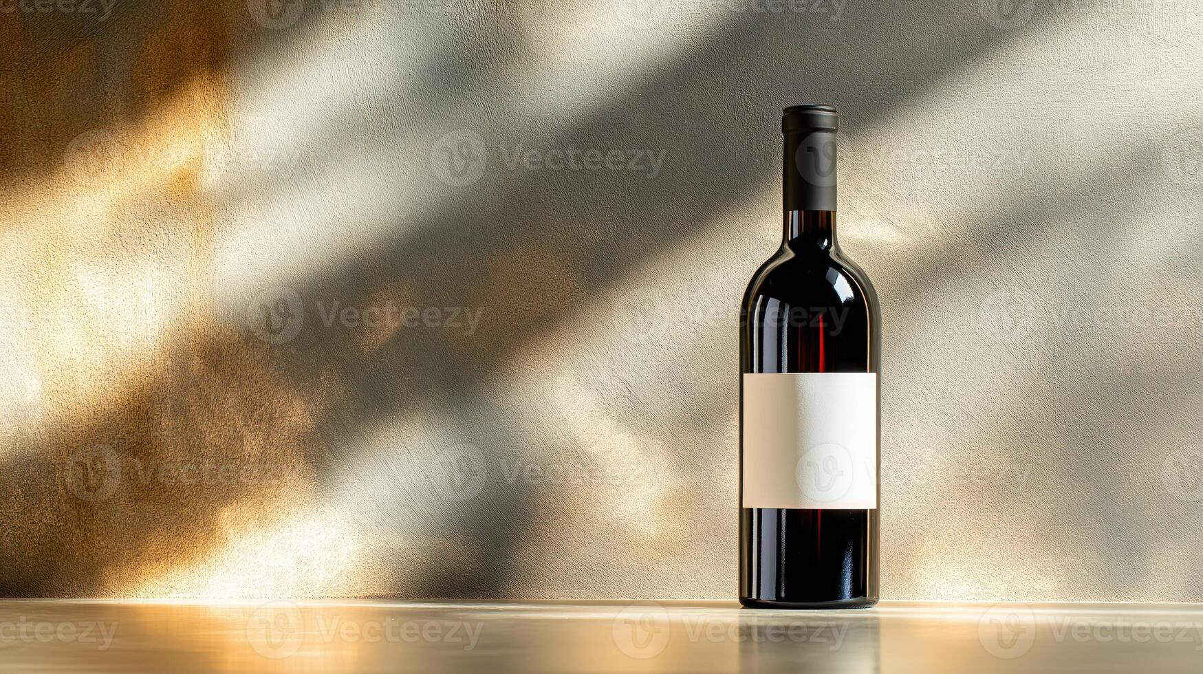 Wine bottle with blank white label on wall background, illuminated angled light beams, copy space photo