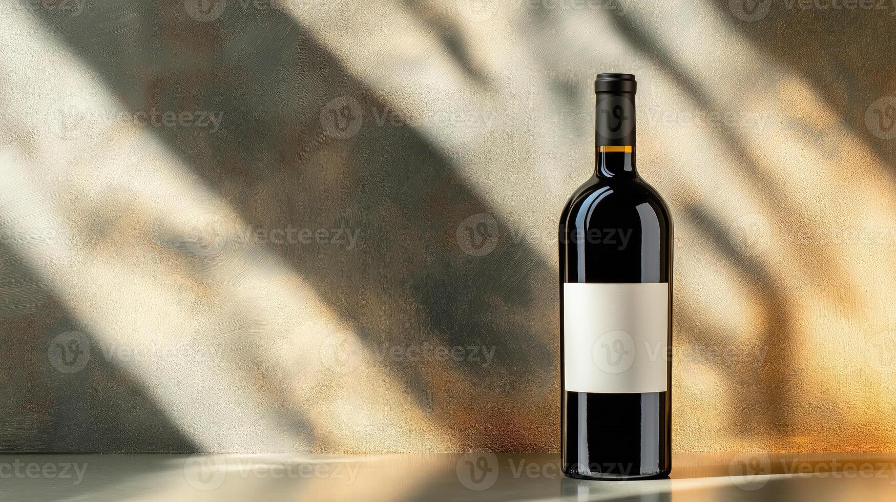Red wine bottle with blank label on wall background, illuminated light beams, copy space photo