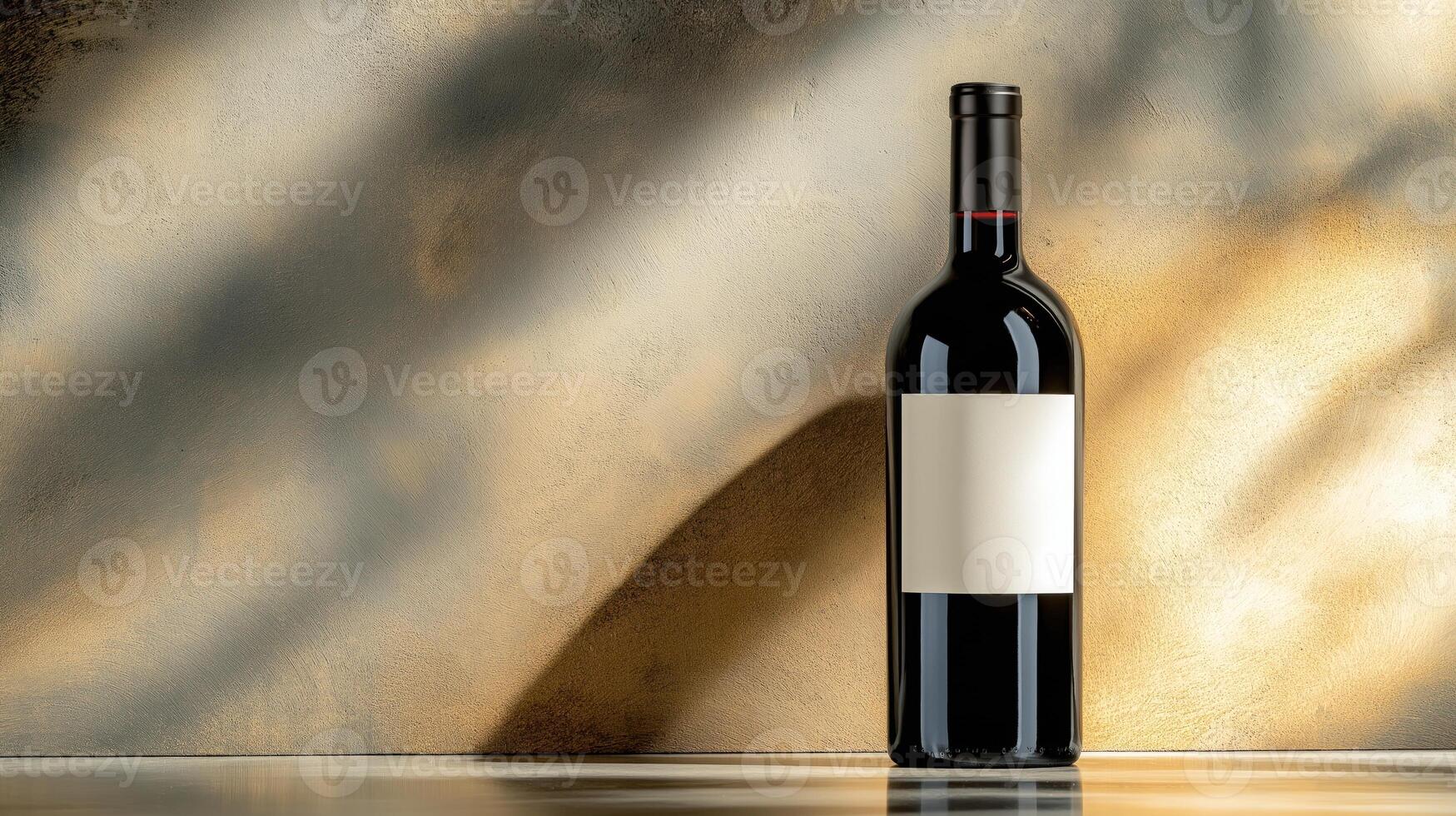 Red wine bottle with blank white label on wall background, illuminated light beams, with copy space photo