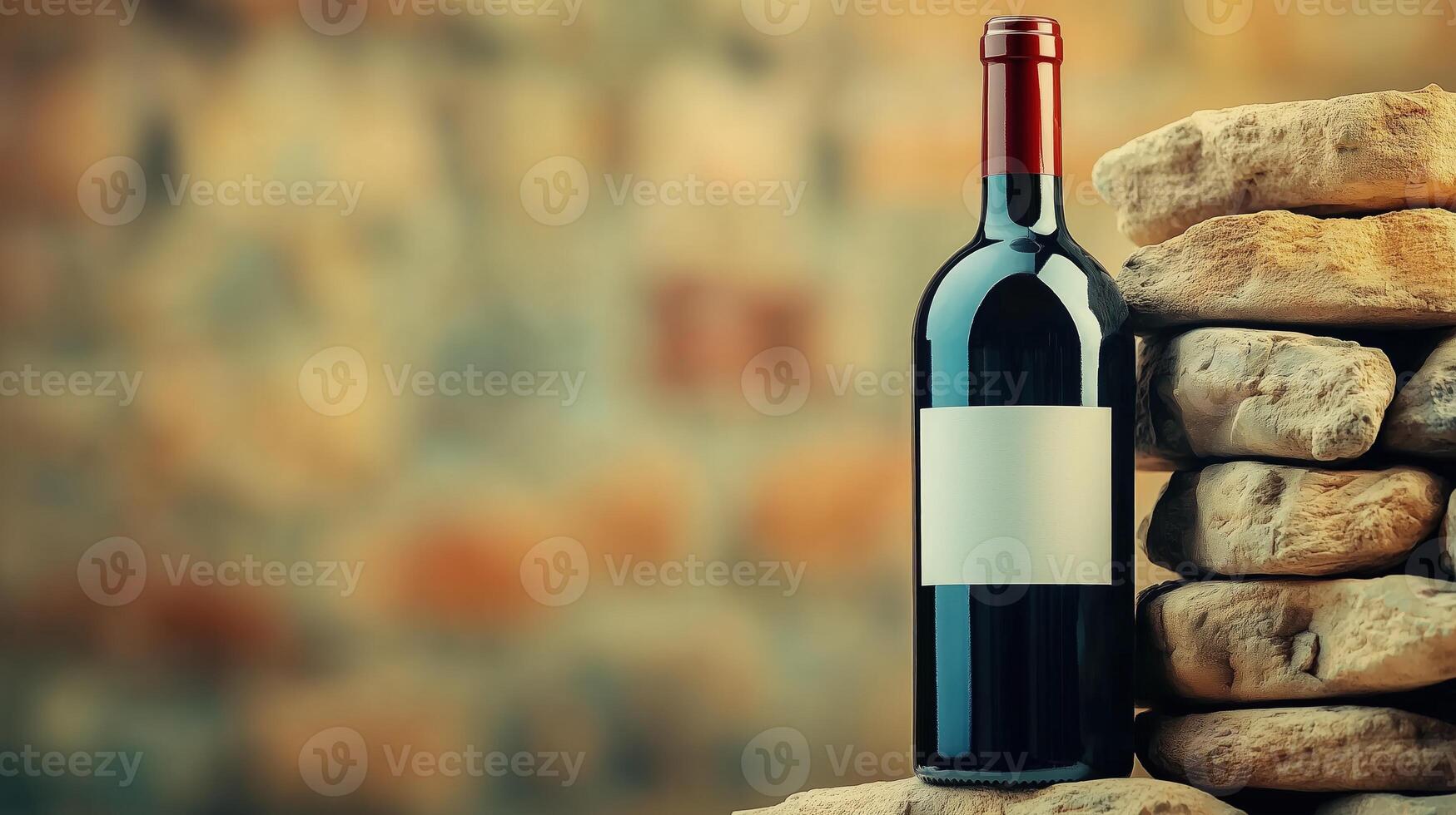 Red wine bottle with blank white label stands on stone wall background, copy space photo