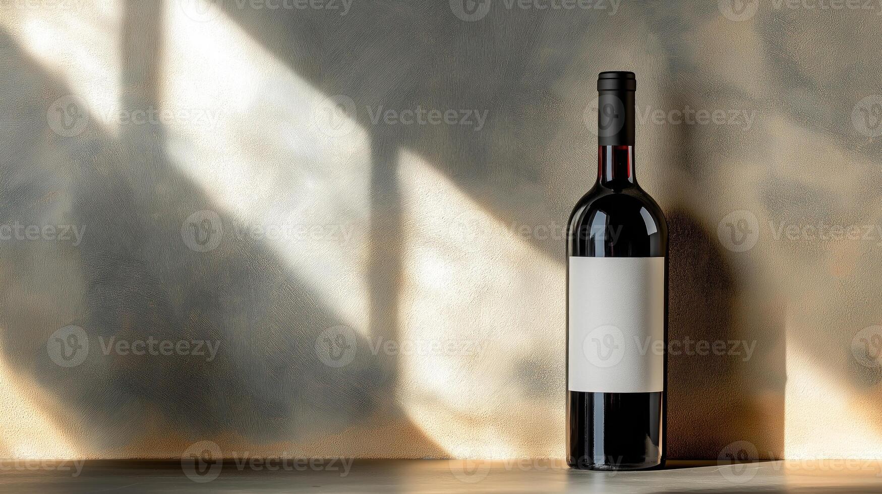 Wine bottle with blank label on textured wall background, illuminated angled light beams photo
