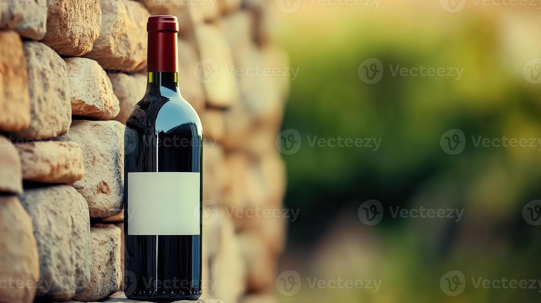 Bottle of wine with blank white label stands next to stone wall, copy space photo