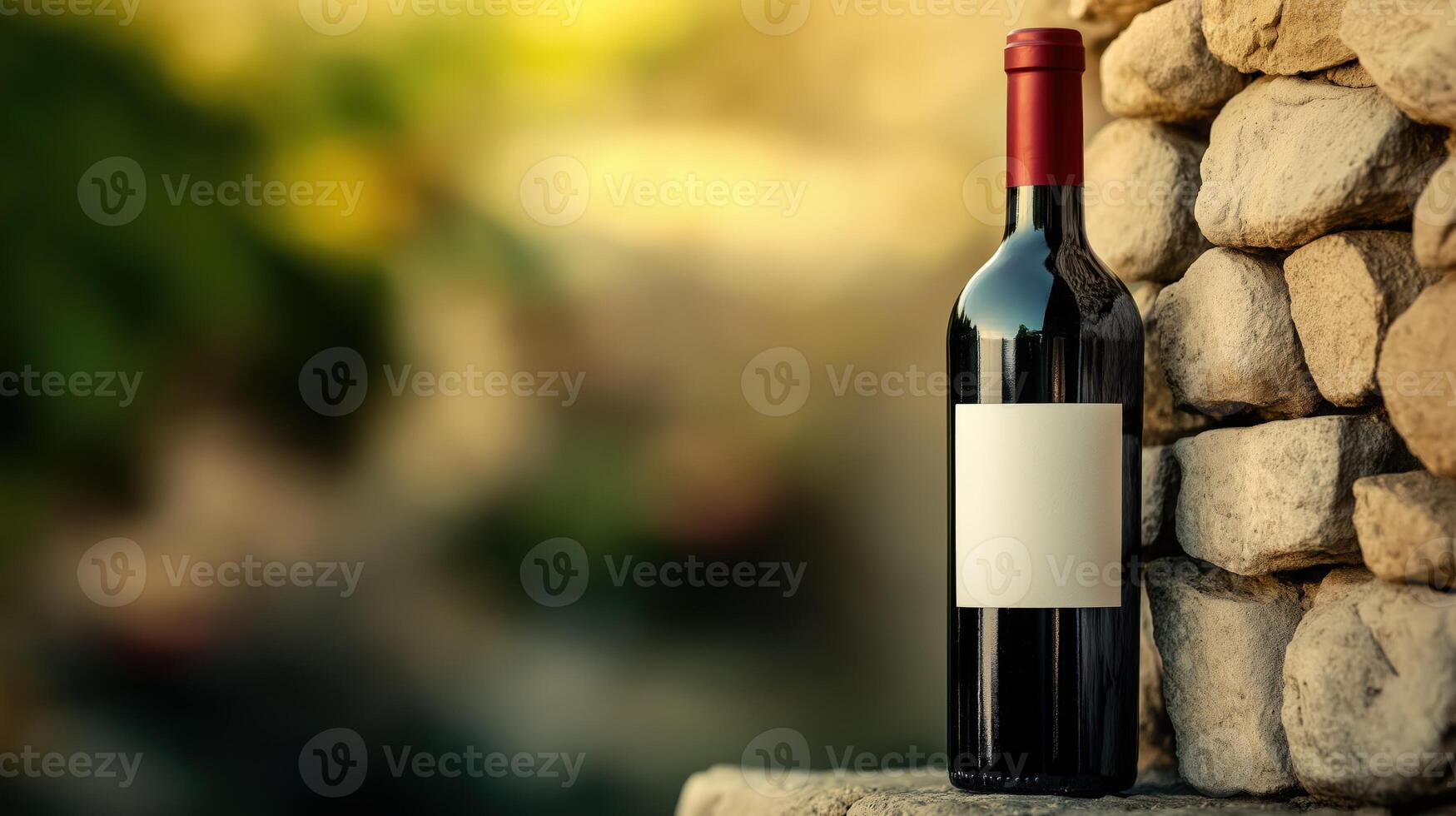 Red wine bottle with blank label stands next to stone wall on blurred nature background, copy space photo