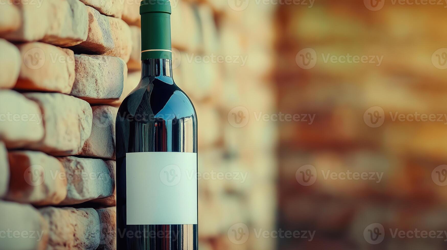 Bottle of red wine with blank white label stands next to stone wall, with copy space photo