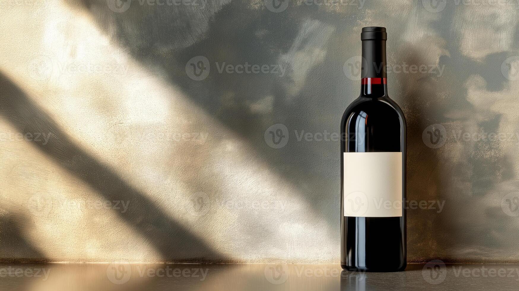Wine bottle with blank white label on textured wall background, illuminated angled light beams photo