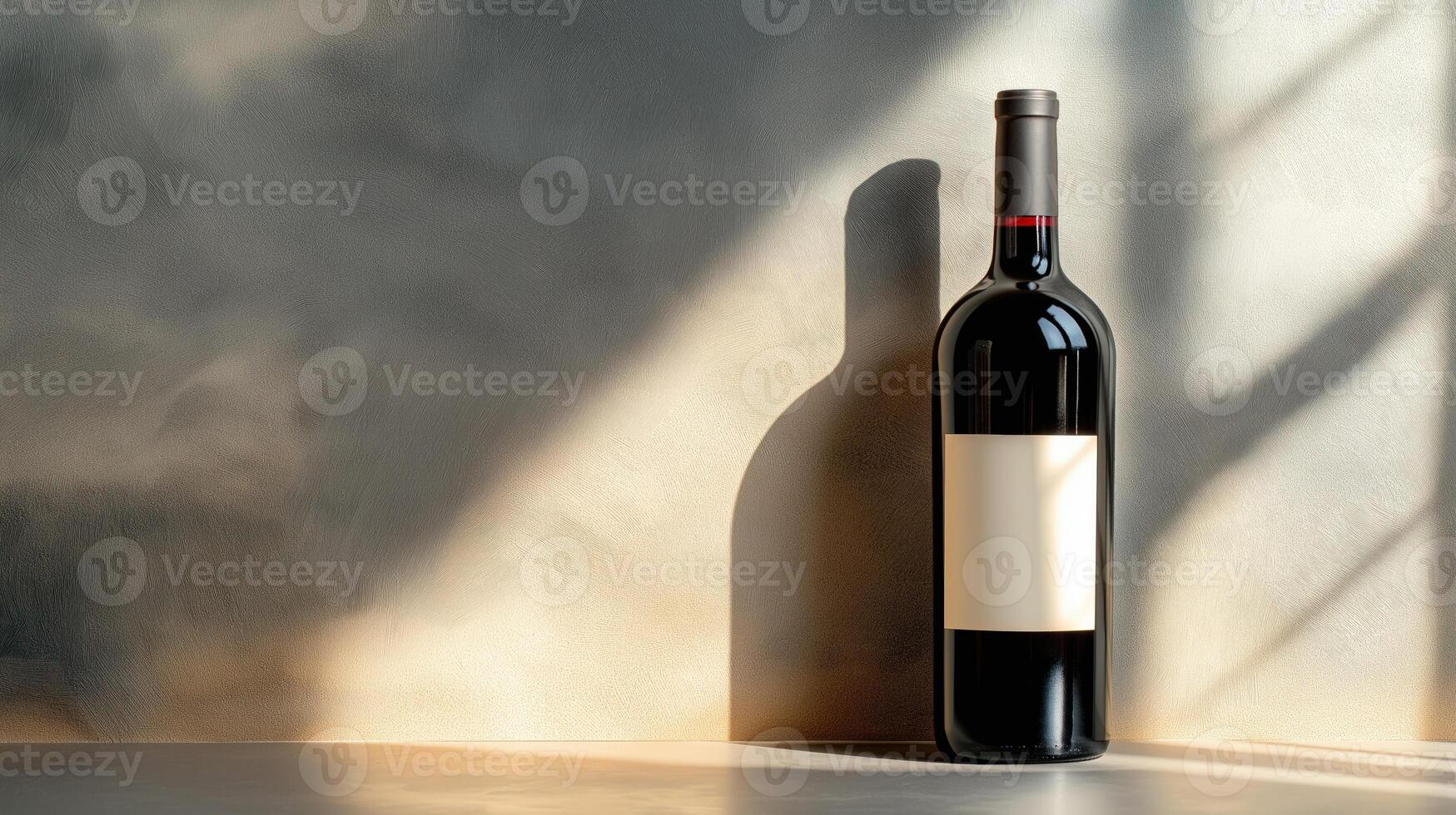 Wine bottle with blank white label on wall background, illuminated light beams, copy space photo