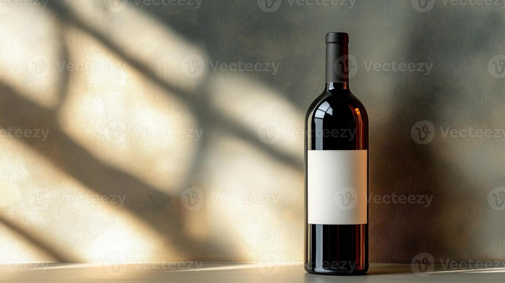 Red wine bottle with blank white label on wall background, illuminated light beams, copy space photo