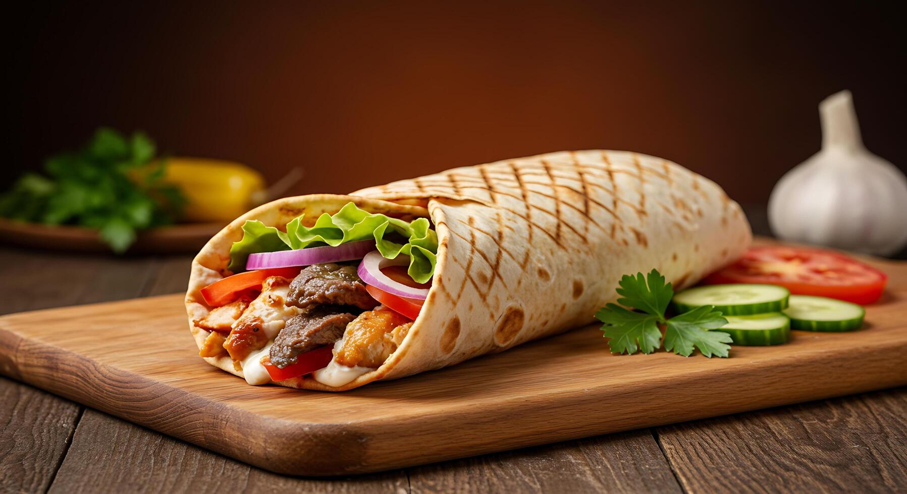 High-Resolution Shawarma Roll with Tender Meat and Crisp Vegetables photo