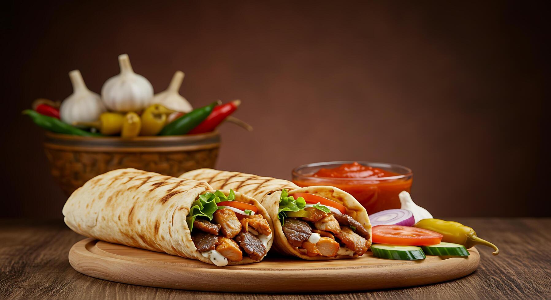 Colorful Shawarma Roll with Crispy Vegetables and Juicy Meats photo