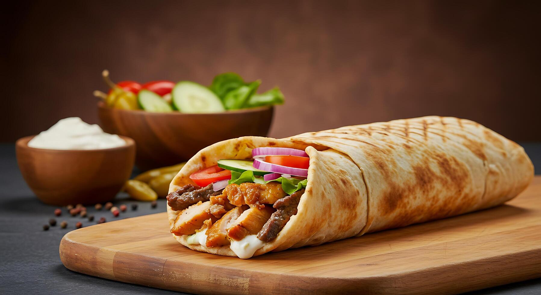 Vibrant Shawarma Roll Brimming with Beef, Chicken, and Salad photo