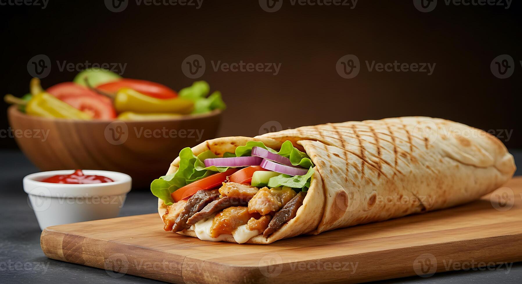 Pita-Wrapped Shawarma Roll Overflowing with Tender Beef and Chicken photo