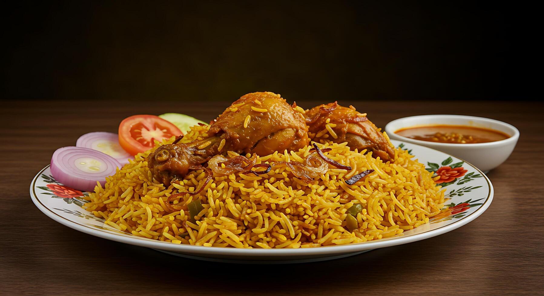 Tempting Chicken Biryani Dish with a Vibrant Background Scene photo