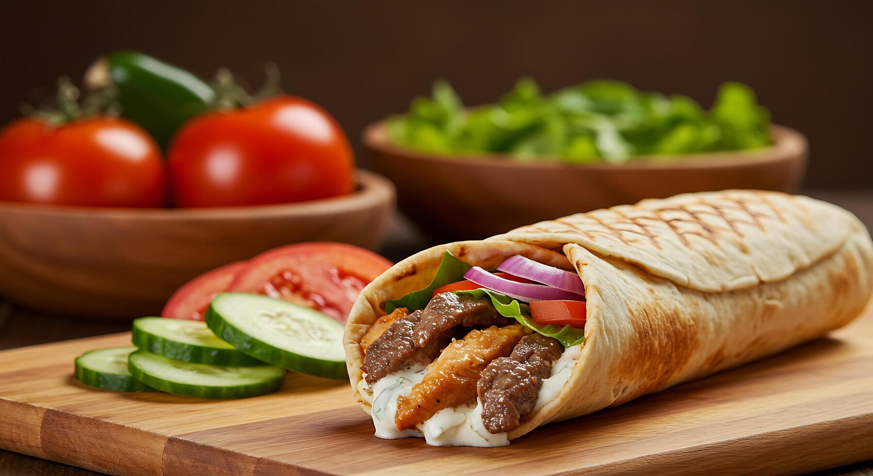 Pita Bread Shawarma Roll Overflowing with Fresh Meat and Veggies photo