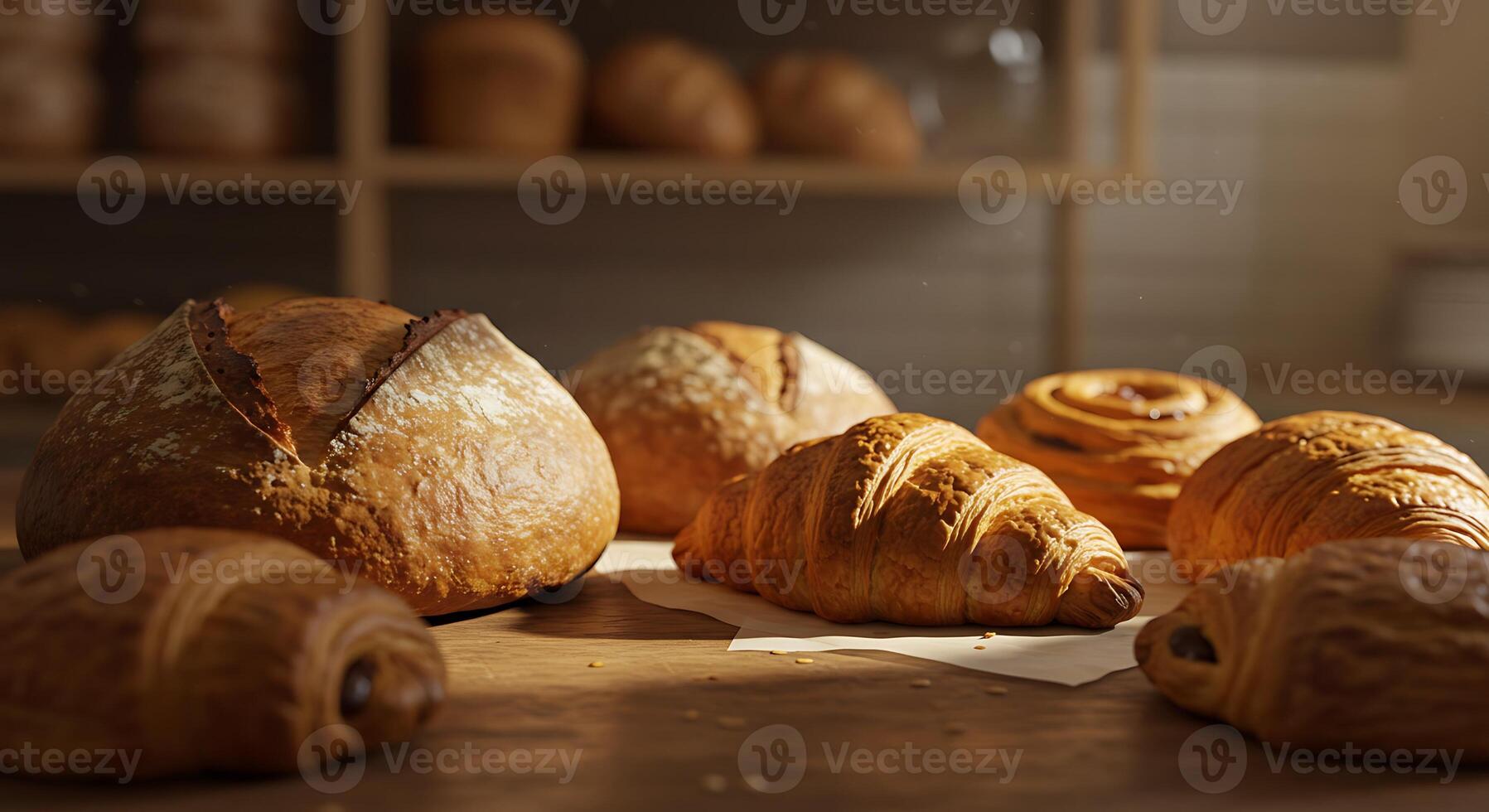 Artisan Loaves and Pastries Glowing in Bakery Morning Light photo