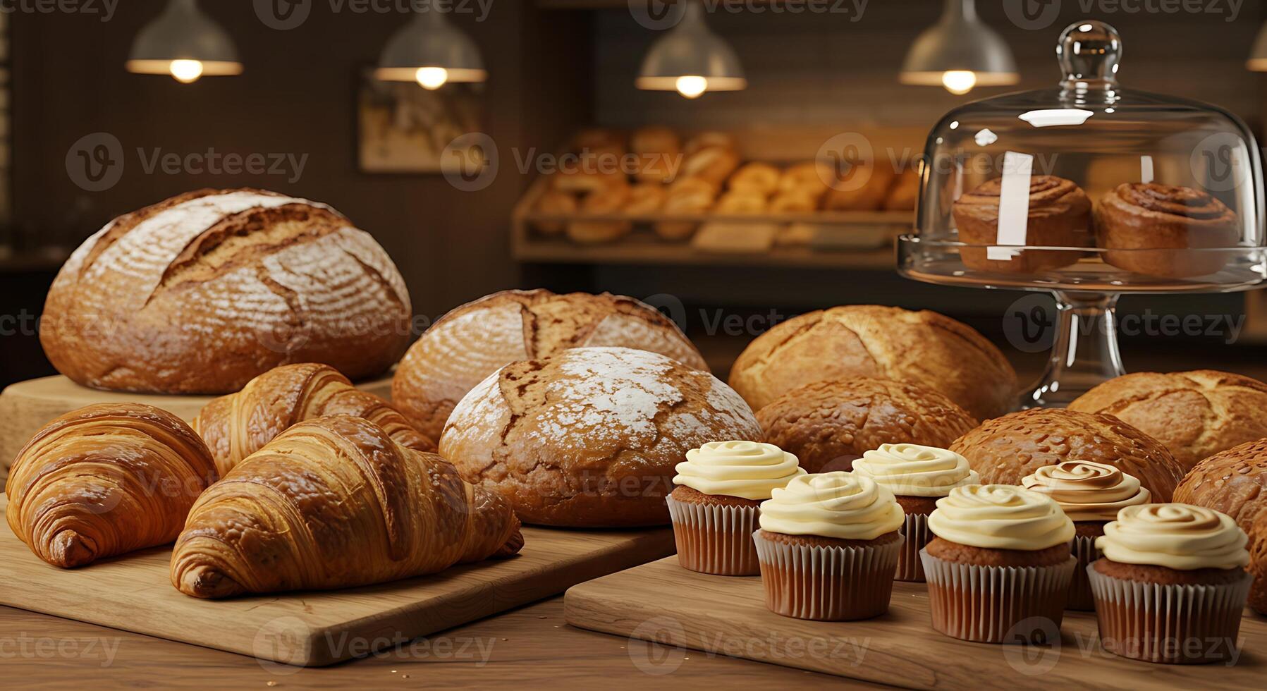 Warm Bakery Light Shining on Golden, Crusty Bread photo